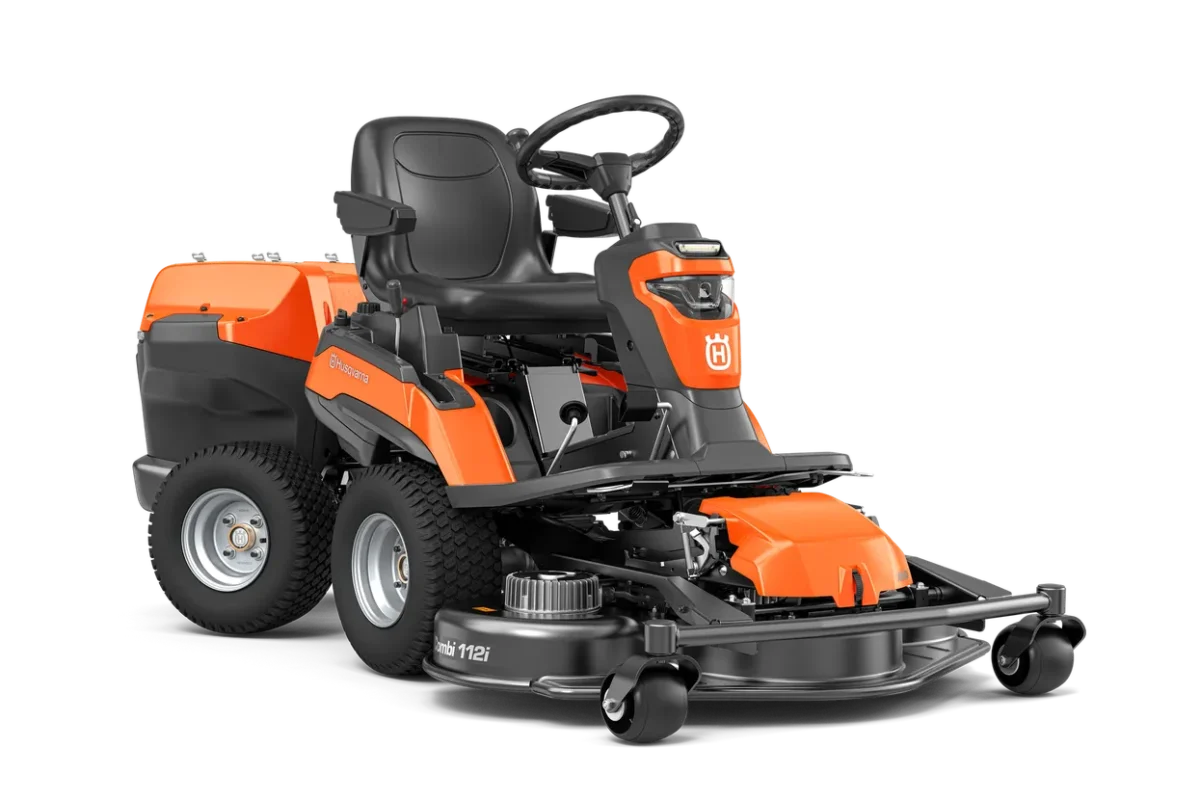 Front view of a commercial front mower with cutting deck.