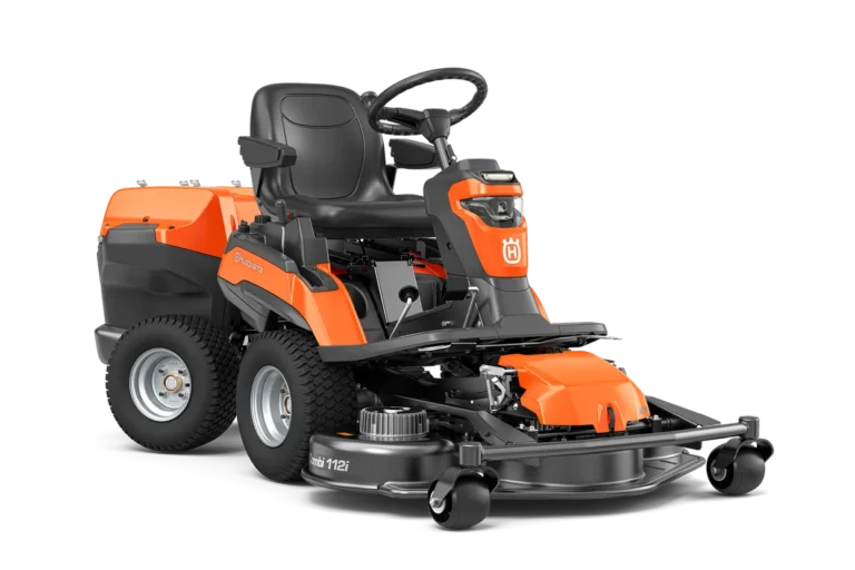 Front view of a commercial front mower with cutting deck.