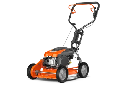 Seitenansicht eines Husqvarna Rasenmähers mit verstellbarem Griff.