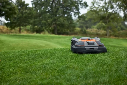 Mähroboter, der auf einem grasbewachsenen Rasen mit Bäumen im Hintergrund arbeitet.