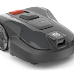 Front view of a Husqvarna robotic lawn mower.