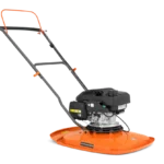 Seitenansicht eines Luftkissenmähers mit langem Griff und flach montiertem Motor.
