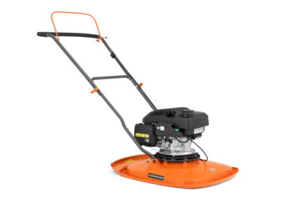 Seitenansicht eines Luftkissenmähers mit langem Griff und flach montiertem Motor.