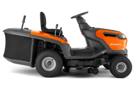 Seitenansicht eines Husqvarna Aufsitzrasenmähers mit Grasfangkorb.