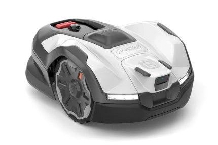 Front view of a robotic lawn mower with a visible control panel.