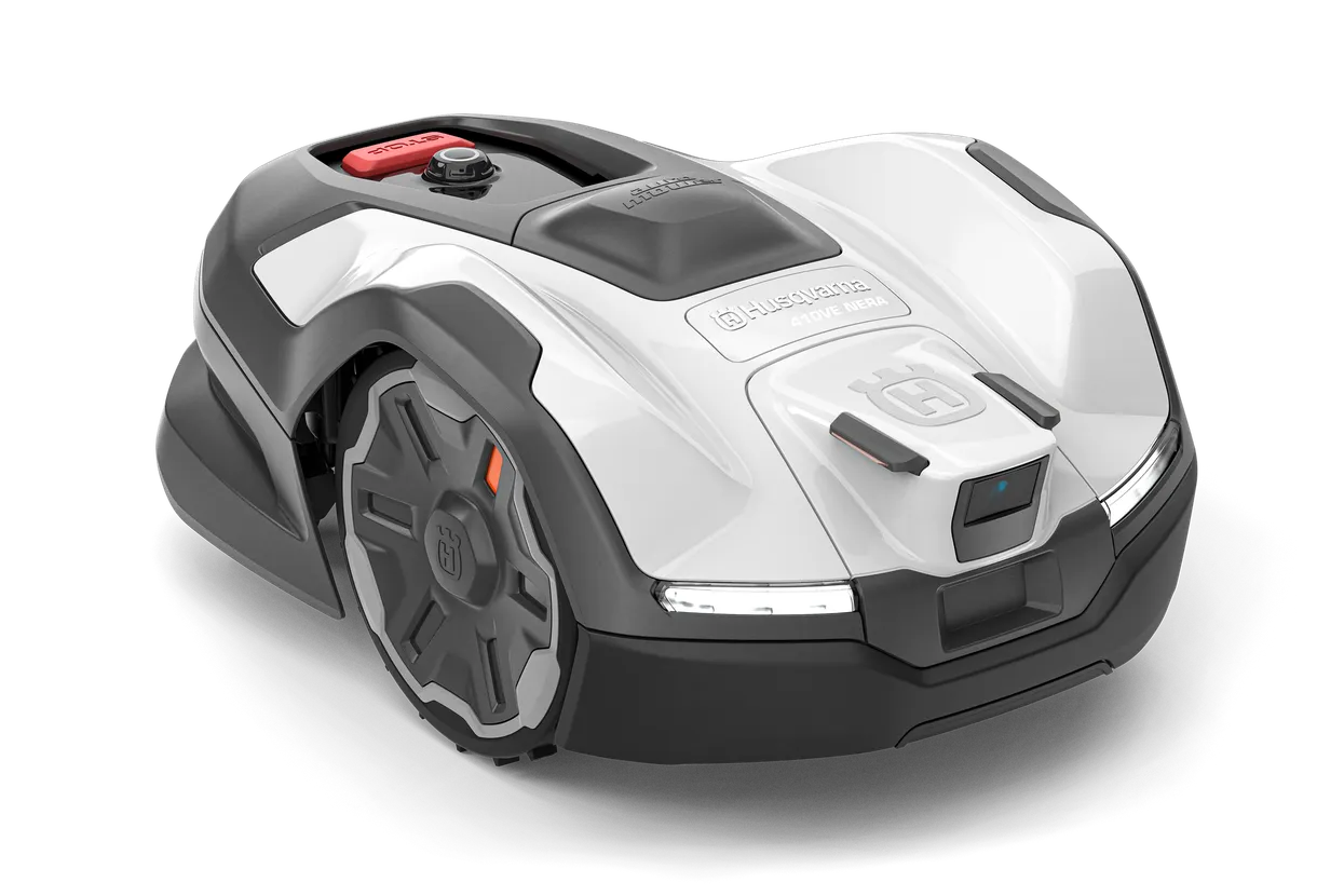 gj-350557.webp Front view of a robotic lawn mower with a visible control panel.