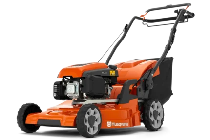 Seitenansicht eines Husqvarna Rasenmähers mit Motor und Mähdeck.