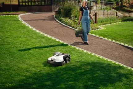A person walking on a garden path with a robotic lawn mower operating on the grass.