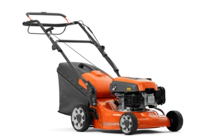 Seitenansicht eines Husqvarna Rasenmähers mit Grasfangsack.