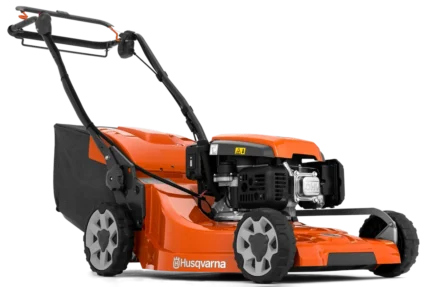 Seitenansicht eines Husqvarna Rasenmähers mit Grasfangsack.