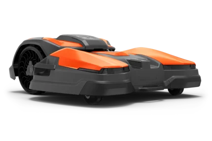 Side view of a robotic lawn mower with a sleek design.