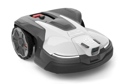 Robotic lawn mower with a visible control panel and large wheel, shown in a studio setting.