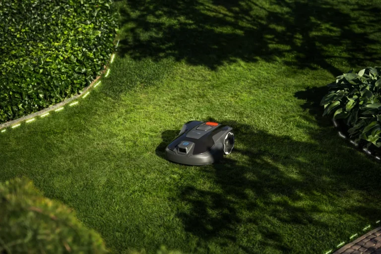 Robotic lawn mower operating in a well-maintained garden.