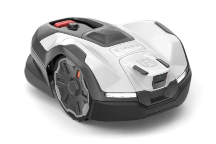 Front view of a robotic lawn mower with visible control panel.