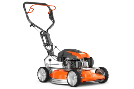 Seitenansicht eines Husqvarna Rasenmähers mit robustem Rahmen und verstellbarem Griff.