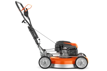 Seitenansicht eines handgeführten Rasenmähers mit verstellbarem Griff.