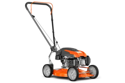 Seitenansicht eines Rasenmähers mit robustem Motor und verstellbarem Griff.
