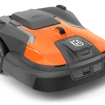 Front view of a robotic lawn mower designed for efficient garden maintenance.