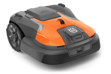 Front view of a robotic lawn mower designed for efficient garden maintenance.