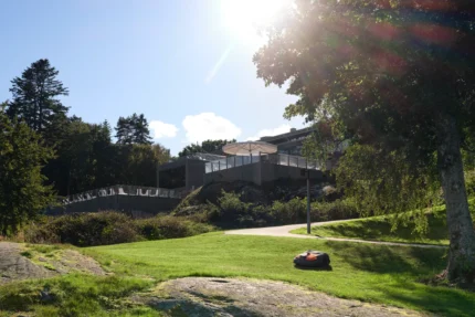Mähroboter auf einer Wiese in einem sonnigen Garten.
