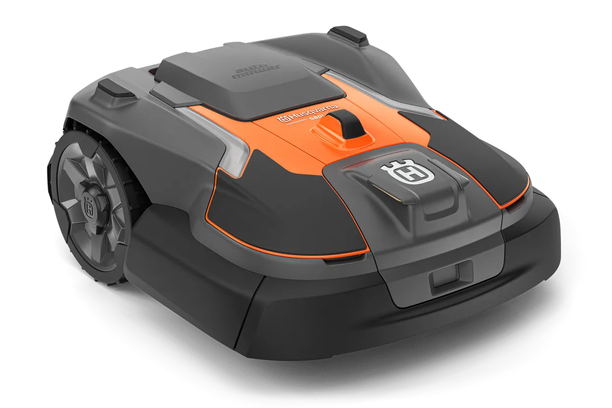 Front view of a robotic lawn mower.