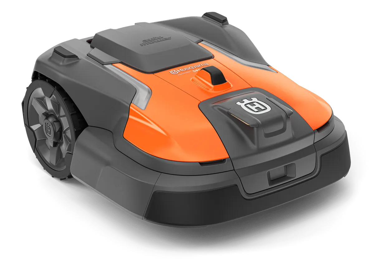 zw-784862.webp Front view of a robotic lawn mower with visible wheels and control panel.